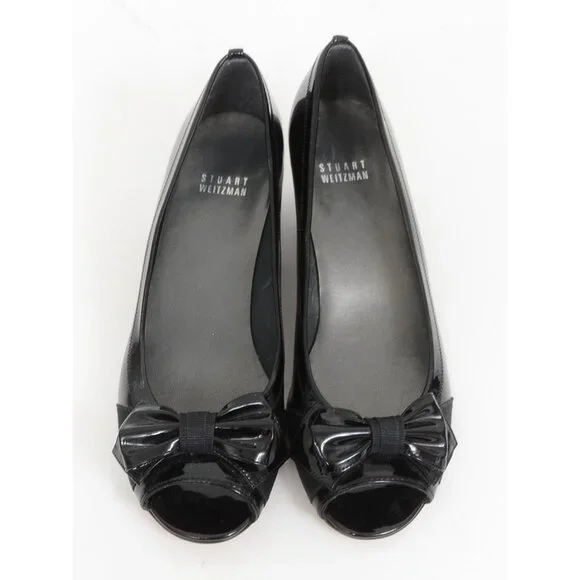Stuart Weitzman Spain Lovebow Women's 8 Black Patent Bow Peep Toe Wedge Pump - Picture 7 of 9